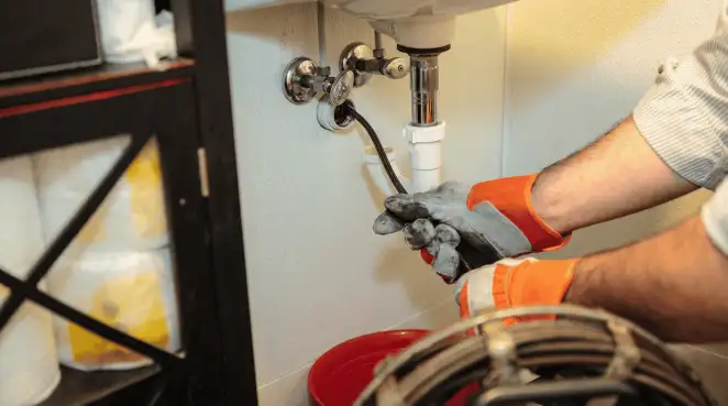 Drain cleaning technician using a motorized plumbing snake to clear a clogged sink pipe in Oklahoma City, OK